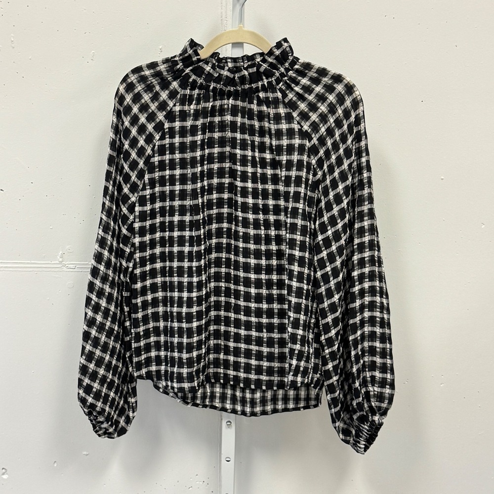 H&M Gingham Ruffle High Neck Blouse Black White Long Sleeve Top Women's XS